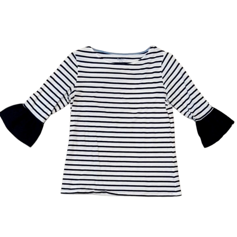Boden Navy Blue White Stripe Bell Sleeve Blouse Size 10